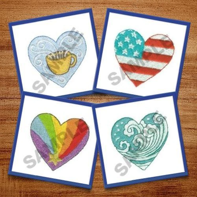 Heart Embroidery Designs Bundle – Coffee Mug Heart, American Flag Heart, Rainbow Heart, Wave Heart & More (20 Designs)