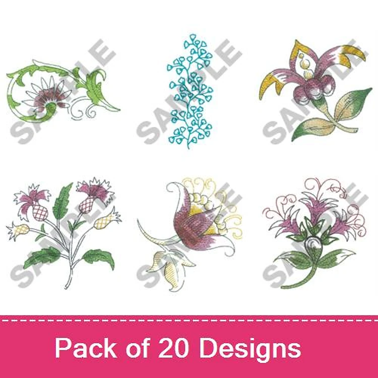 Floral Embroidery Designs Bundle – Floral Vine, Orchid Design, Berry Plant & More (20 Designs)