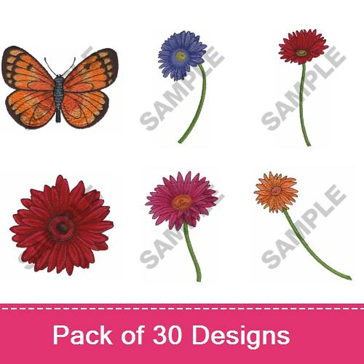 Floral and Butterfly Embroidery Designs Bundle – Monarch Butterfly, Gerbera Daisy, Purple Flower & More (30 Designs)