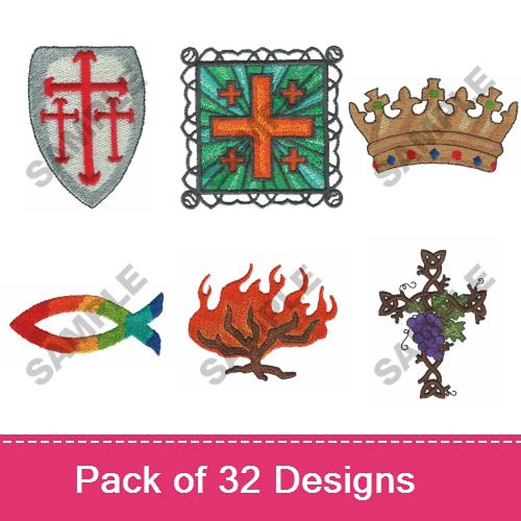 Religious Symbols Embroidery Designs Bundle – Cross Shield, Decorative Cross, Crown & More (32 Designs)