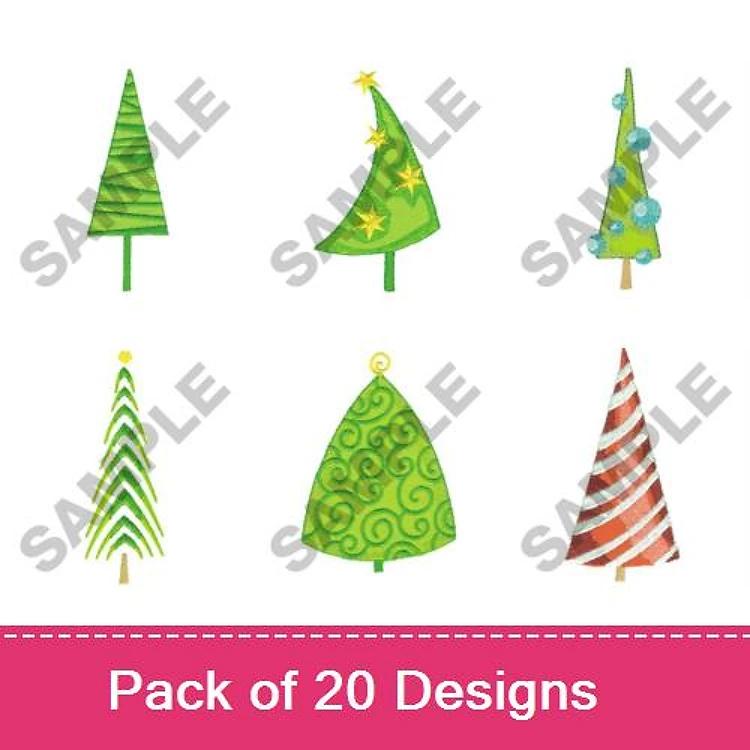 Stylized Christmas Trees Embroidery Designs Bundle – Tree with Stars, Spiral Tree, Striped Tree & More (20 Designs)