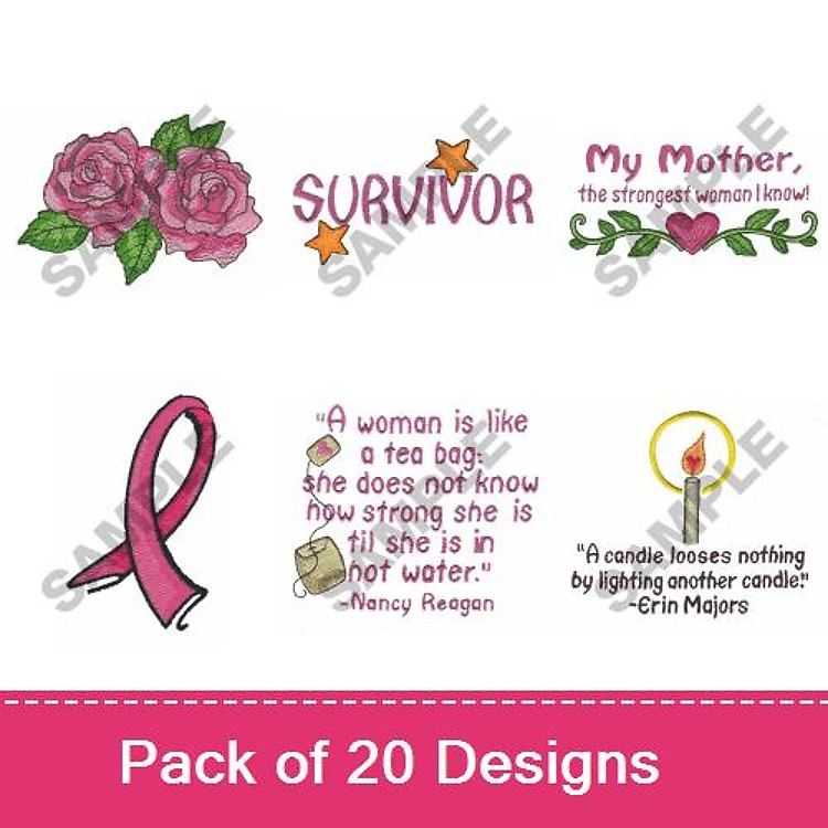 Breast Cancer Awareness Embroidery Designs Bundle – Pink Roses, Survivor Text, Pink Ribbon & More (20 Designs)