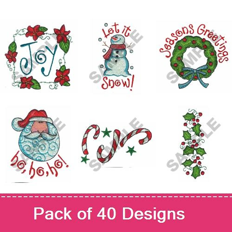Christmas Themed Embroidery Designs Bundle – Joy, Santa Claus, Snowman, Candy Cane & More (40 Designs)