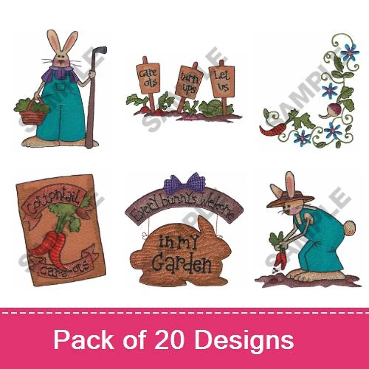 Gardening and Spring Themes Embroidery Designs Bundle – Gardener Bunny, Garden Signs, Flowers & More (20 Designs)