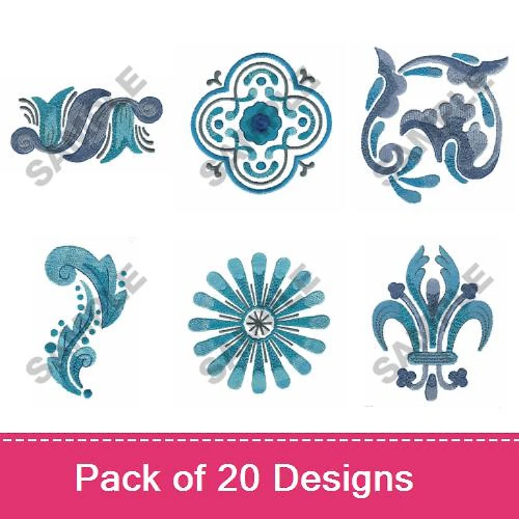 Ornamental Embroidery Bundle – Curvy Floral Design, Circular Pattern, Fleur de Lis & More (20 Designs)