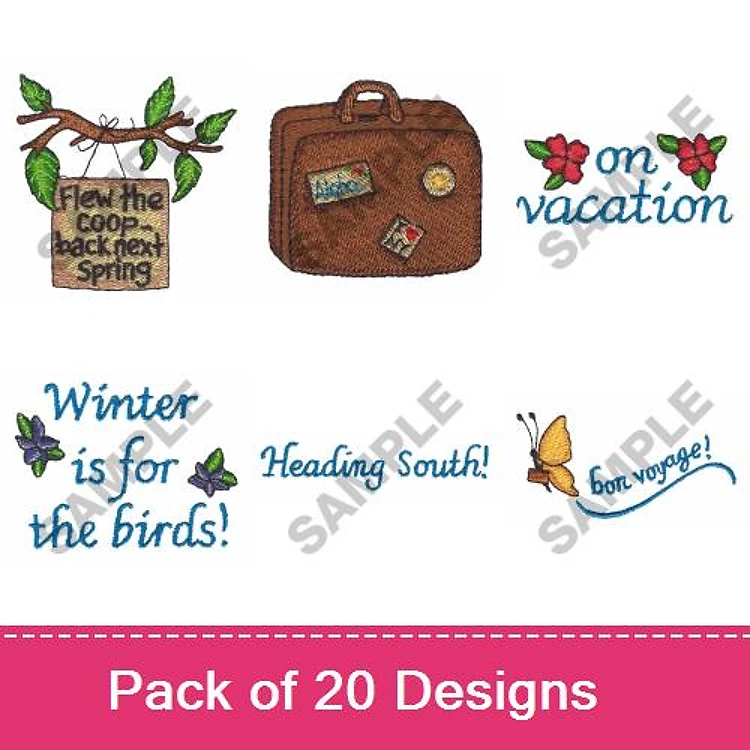 Travel & Vacation Embroidery Designs Bundle – Flew the Coop Sign, Suitcase with Stickers, On Vacation Text & More (20 Designs)