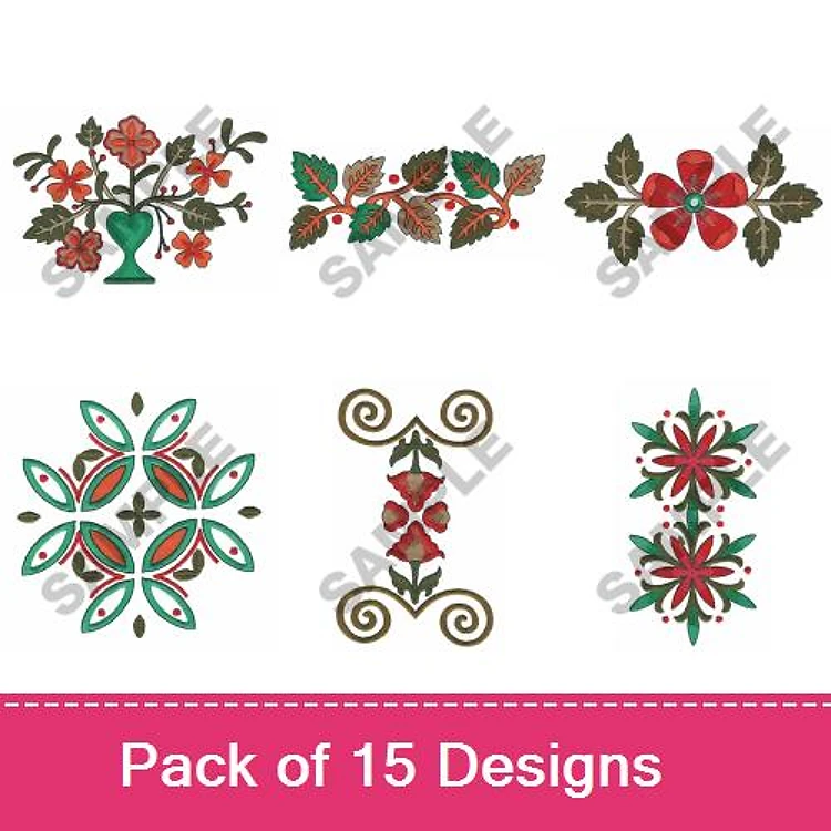 Floral Motifs Embroidery Designs Bundle – Flower Vase with Flowers, Red Flower Arrangement, Leafy Branch & More (15 Designs)