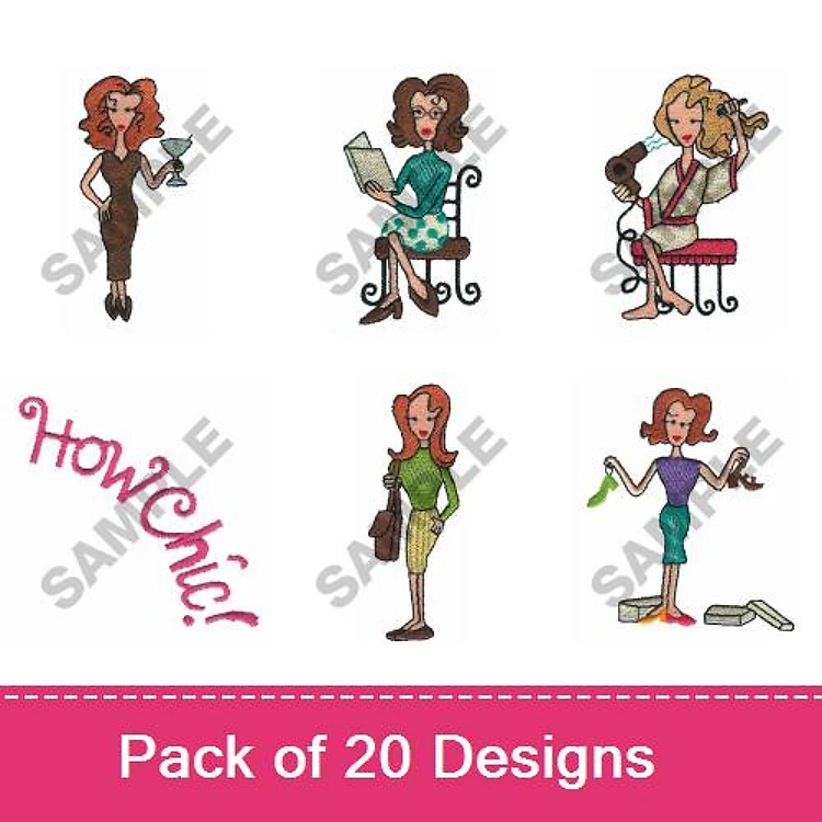 Fashionable Women Embroidery Designs Bundle – Woman with Wine, Woman Reading, Woman Shopping & More (20 Designs)