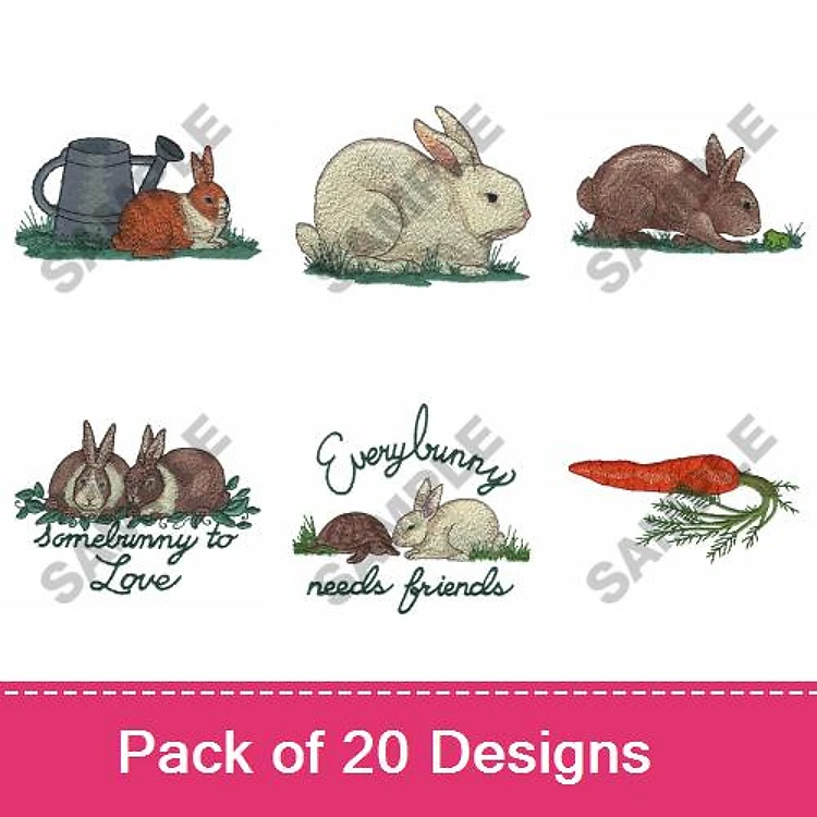 Easter & Spring Rabbits Embroidery Designs Bundle – Gardening Watering Can with Rabbit, White Rabbit, Two Rabbits & More (20 Designs)