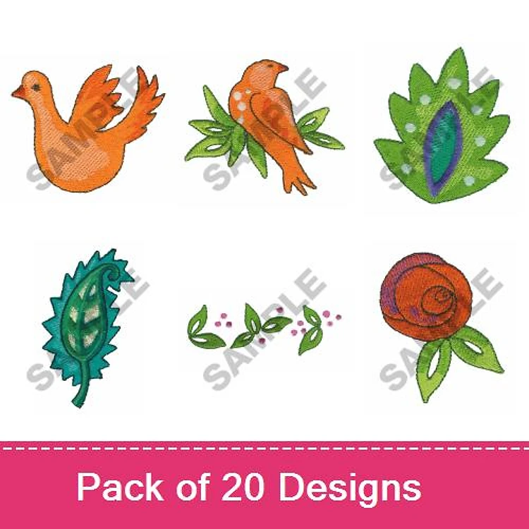 Colorful Floral & Bird Embroidery Bundle – Orange Bird, Red Bird, Rose, & More (20 Designs)