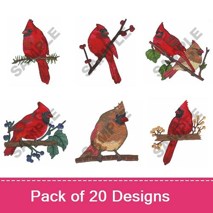 Northern Cardinal Birds Embroidery Designs Bundle – Male & Female Cardinals on Branches with Berries, Leaves & More (20 Designs)
