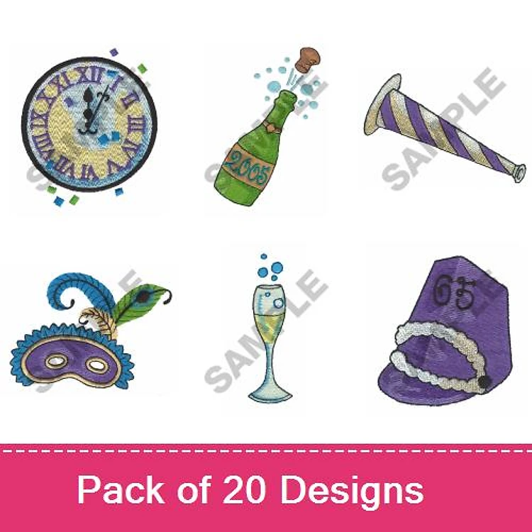 Celebration and Party Embroidery Designs Bundle – Clock, Champagne Bottle, Mardi Gras Mask & More (20 Designs)