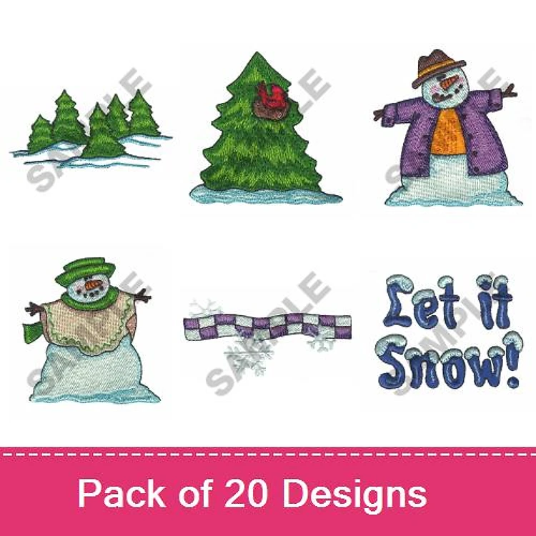 Snowman & Winter Embroidery Designs Bundle – Snowman with Hat, Christmas Tree with Bird, Let it Snow & More (20 Designs)