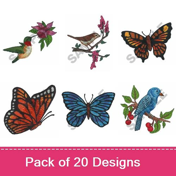 Nature & Wildlife Embroidery Designs Bundle – Hummingbird, Monarch Butterfly, Blue Jay & More (20 Designs)
