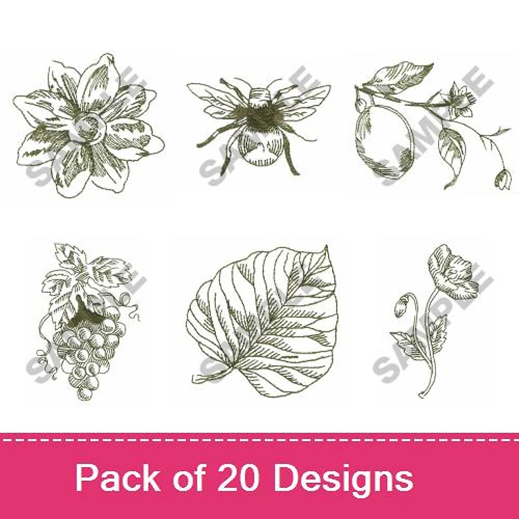 Redwork Botanical Elements Embroidery Designs Bundle – Flower Blossom, Bee, Lemon, Grapes & More (20 Designs)
