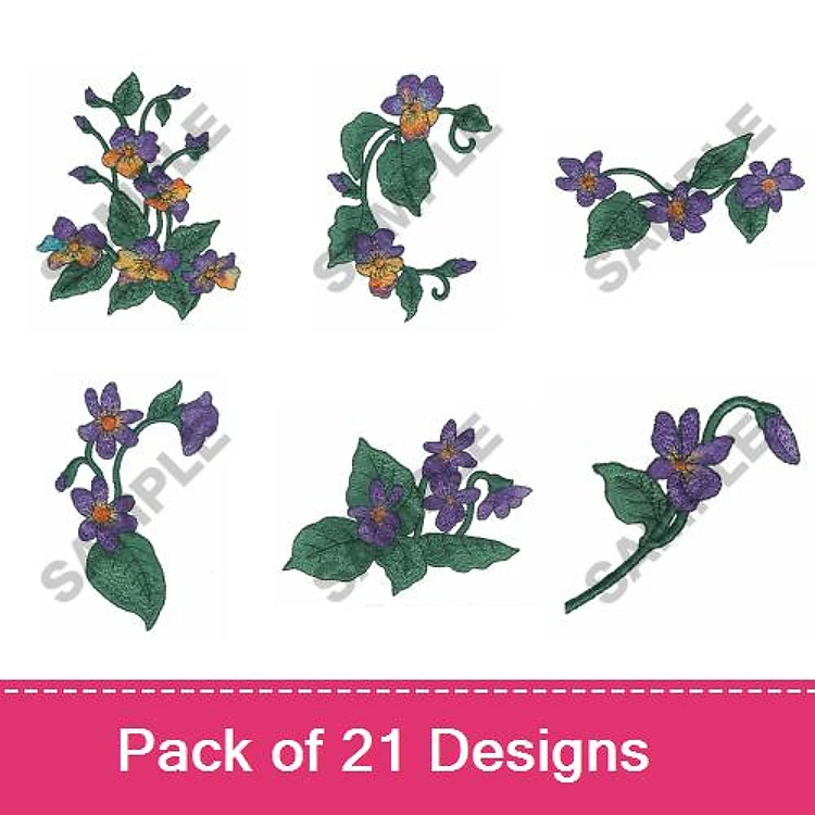 Violet Flower Embroidery Designs Bundle – Violet Flower Cluster, Single Violet Flower, Violet with Leaves & More (21 Designs)