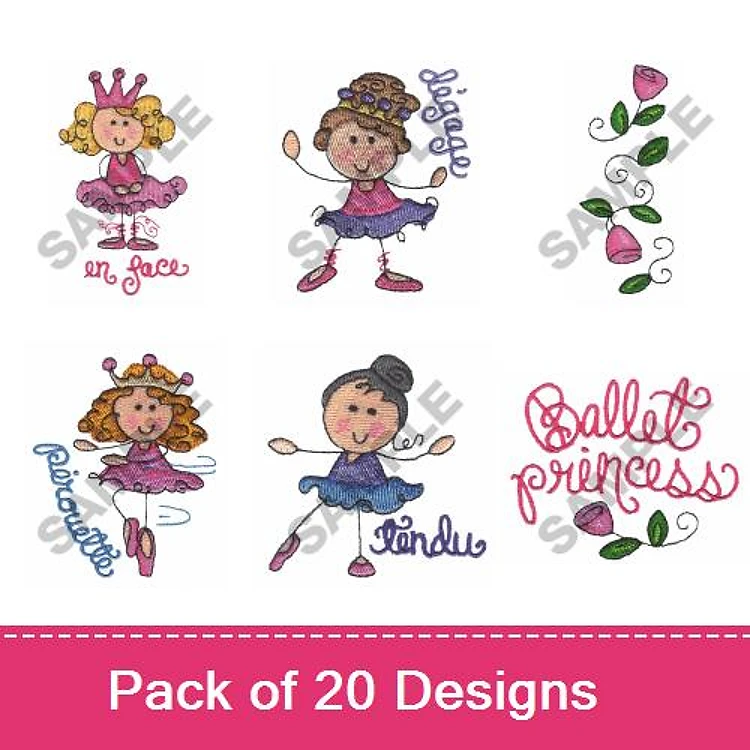 Ballet Dancer Embroidery Designs Bundle – Ballet Dancer with Crown, Ballet Princess, Tendu & More (20 Designs)