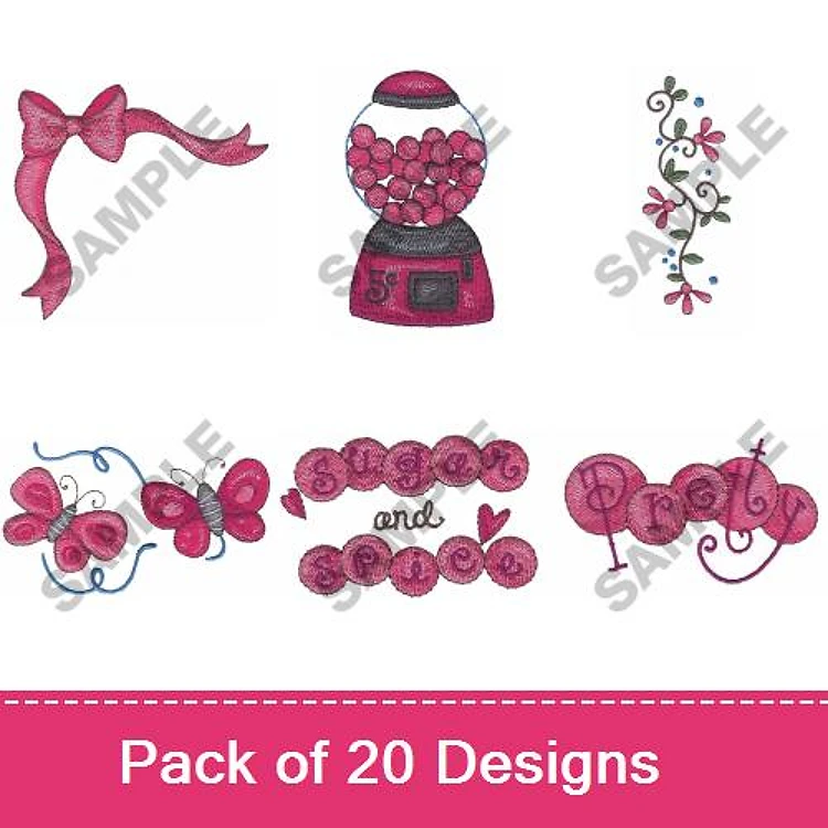 Sweet Treats Embroidery Designs Bundle – Gumball Machine, Butterfly, Decorative Bow & More (20 Designs)