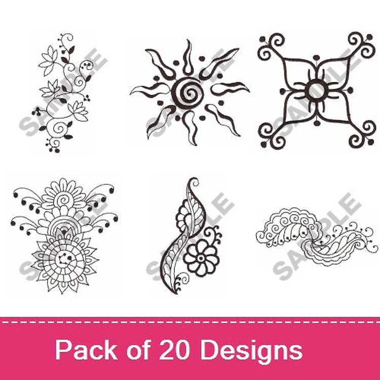 Redwork Floral & Decorative Embroidery Designs Bundle – Flower Swirl, Sun Motif, Mandala Flower & More (20 Designs)