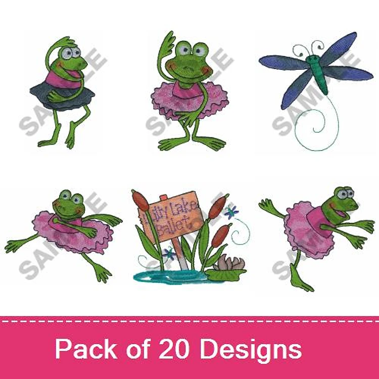Dancing Frogs and Dragonfly Embroidery Designs Bundle – Ballerina Frog, Frog with Flower, Dancing Frog & More (20 Designs)