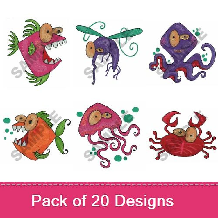 Underwater Creatures Embroidery Designs Bundle – Angry Fish, Purple Octopus, Pink Jellyfish & More (20 Designs)