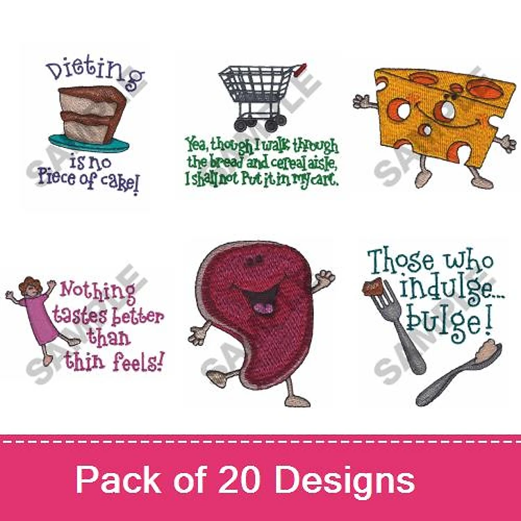 Funny Food Sayings Embroidery Designs Bundle – Dieting is no piece of cake, Happy Kidney, Those who indulge... bulge! & More (20 Designs)