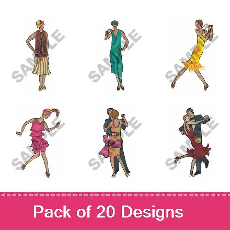 Flapper Dance Embroidery Designs Bundle – Flapper Girl in Dress, Dancer in Green Dress, Couple Dancing & More (20 Designs)