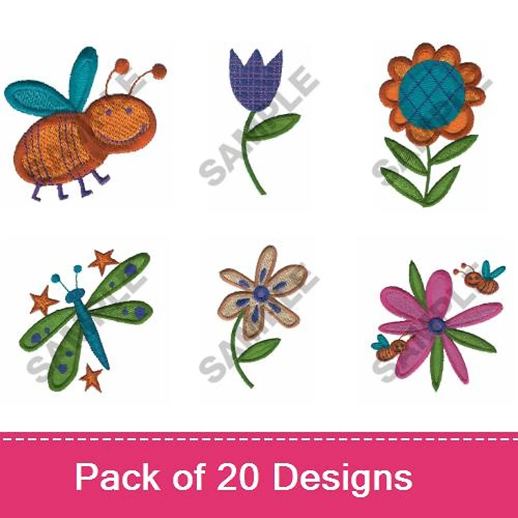Colorful Flowers and Insects Embroidery Designs Bundle – Bee, Tulip, Dragonfly & More (20 Designs)