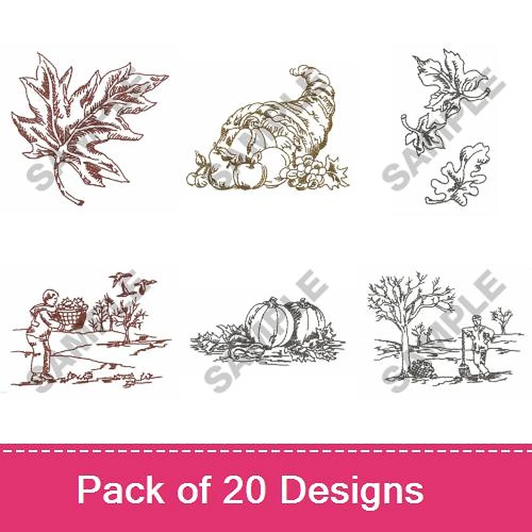 Redwork Fall & Harvest Embroidery Designs Bundle – Maple Leaf, Cornucopia, Pumpkin & More (20 Designs)
