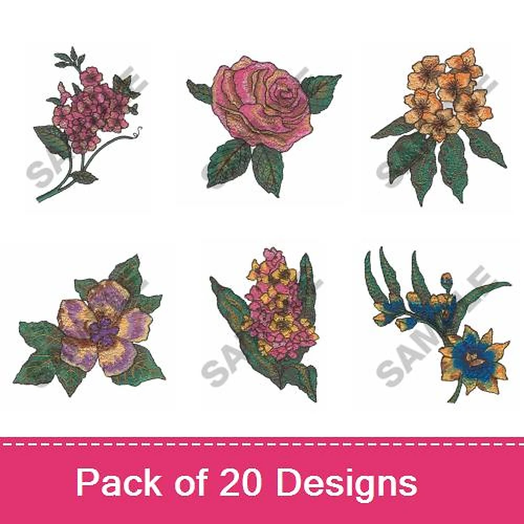 Floral Embroidery Designs Bundle – Purple Flower Bouquet, Pink Rose, Orange Flower Cluster & More (20 Designs)