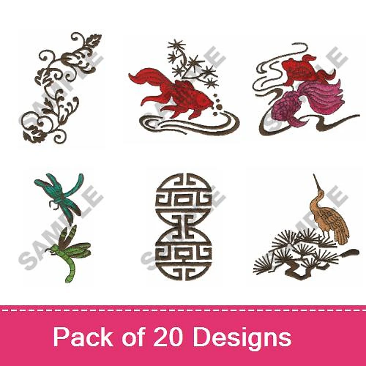 Asian-Themed Floral & Wildlife Embroidery Designs Bundle – Floral Dragon, Koi Fish, Graceful Lady & More (20 Designs)