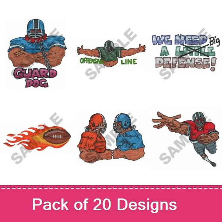 Football-themed Embroidery Designs Bundle – Guard Dog, Offensive Line, Flaming Football & More (20 Designs)