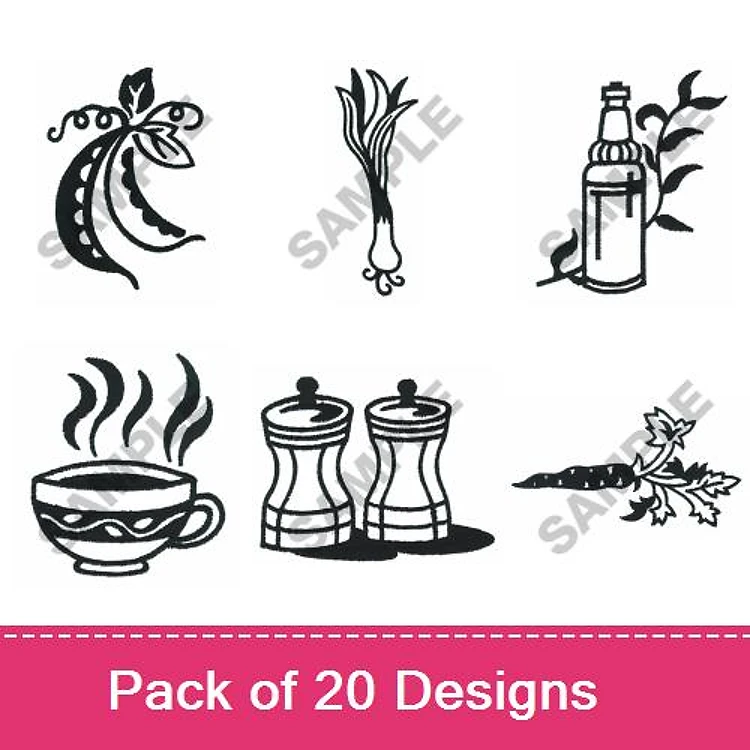 Culinary Elements Embroidery Designs Bundle – Pea Pod, Leek, Vinegar Bottle, Coffee Cup & More (20 Designs)