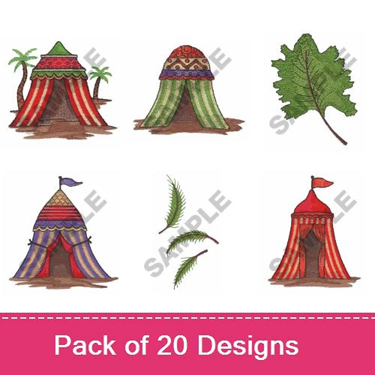 Tents and Leaves Embroidery Designs Bundle – Colored Tent with Green Roof, Leaf with Veins, Tent with Flag & More (20 Designs)