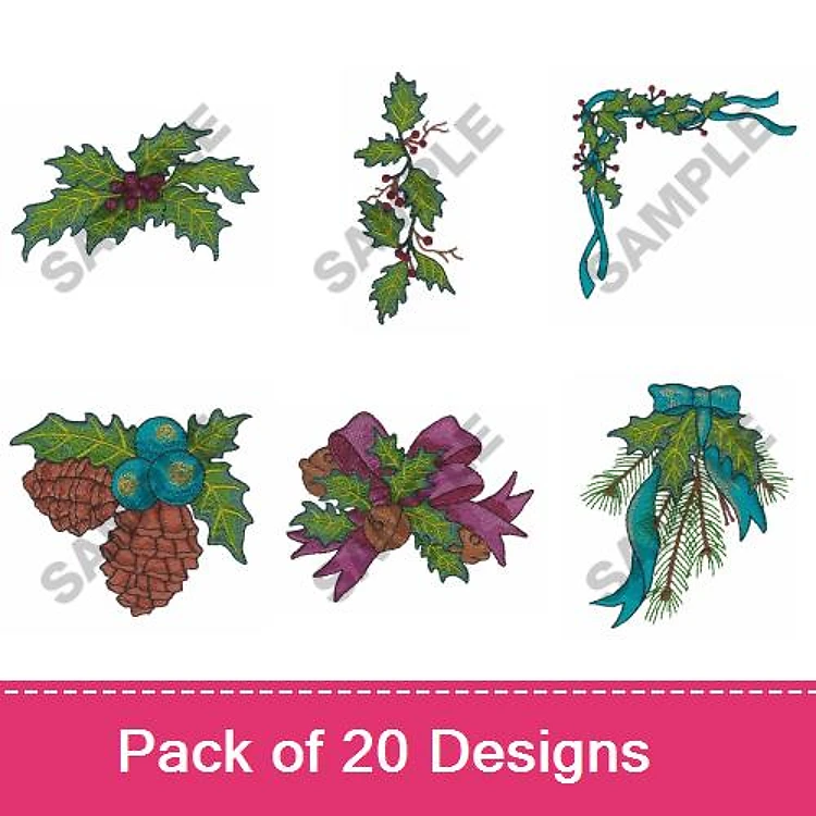 Holiday Florals Embroidery Designs Bundle – Holly Sprig, Pinecone, Wreath & More (20 Designs)