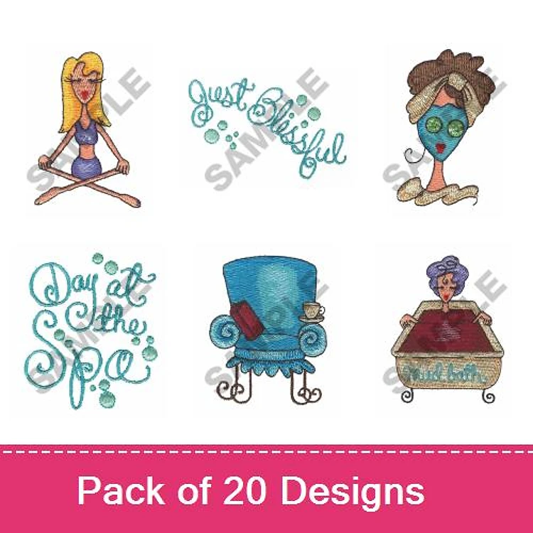 Spa & Relaxation Embroidery Designs Bundle – Girl Meditating, Bathtub with Bubbles, Just Blissful & More (20 Designs)