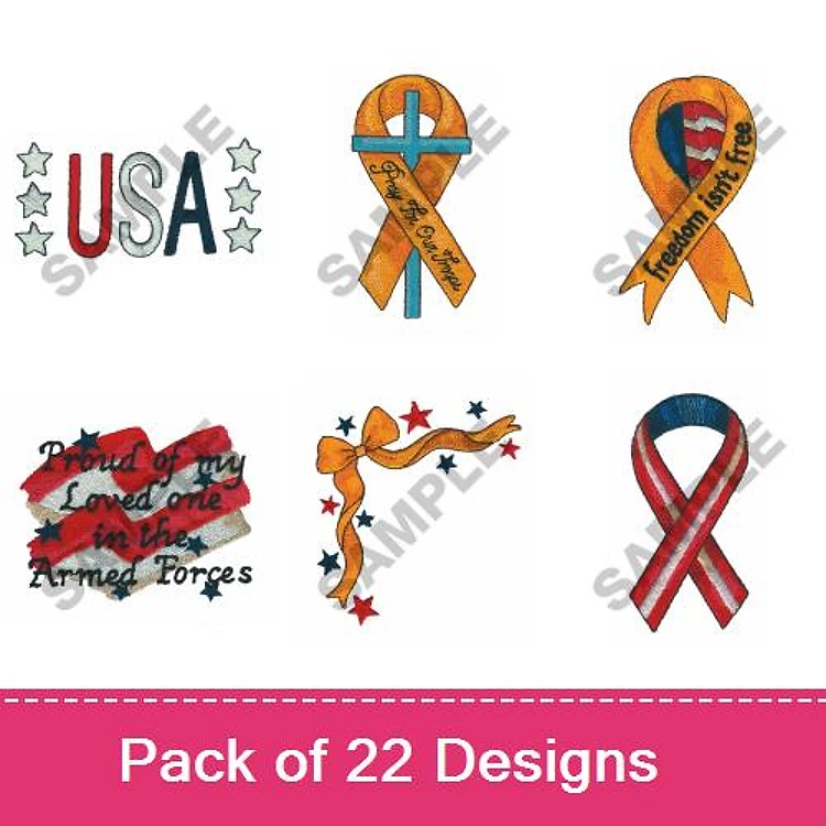 Patriotic & Support Themes Embroidery Designs Bundle – USA Text, Orange Awareness Ribbon, Proud of My Loved One & More (22 Designs)