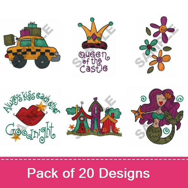 Taxi Cab & Mermaid Embroidery Designs Bundle – Crown, Flower Bouquet, Circus Tent & More (20 Designs)