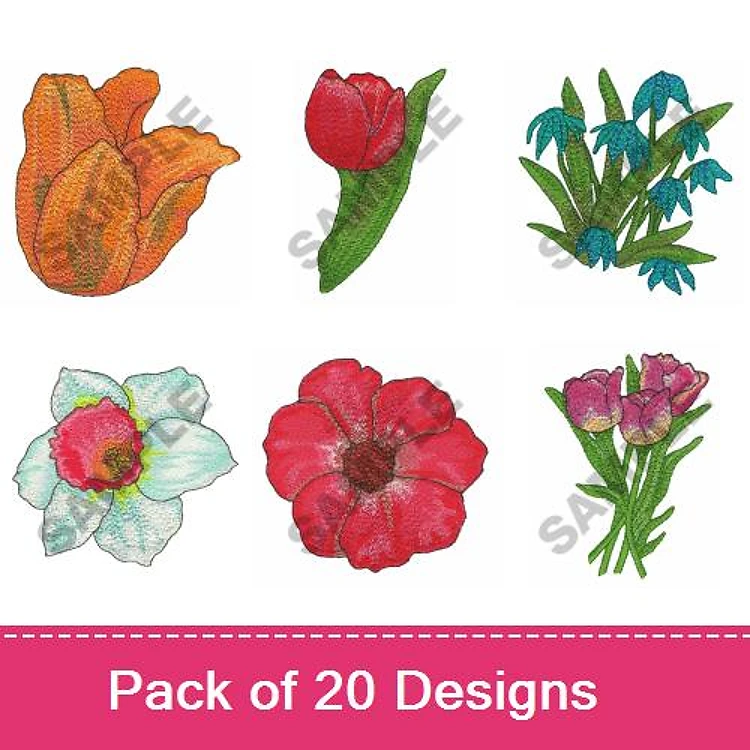 Floral Embroidery Designs Bundle – Orange Tulip, Red Tulip, Bluebell Flowers & More (20 Designs)