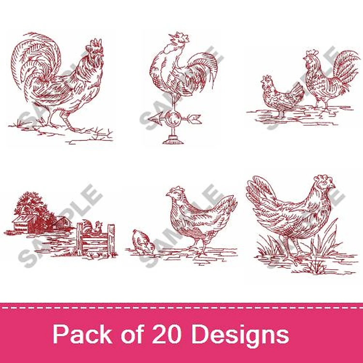 Redwork Farm Animal Embroidery Bundle – Rooster, Hen, Farmhouse Chicken & More (20 Designs)