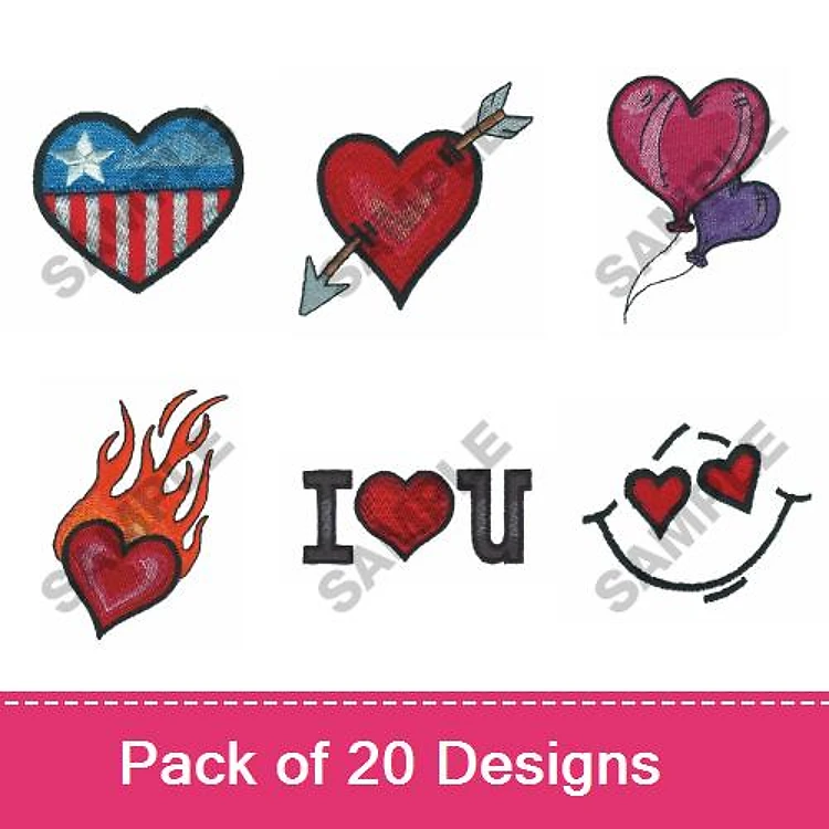 Heart Embroidery Designs Bundle – Patriotic Heart, Heart with Arrow, Balloon Heart & More (20 Designs)