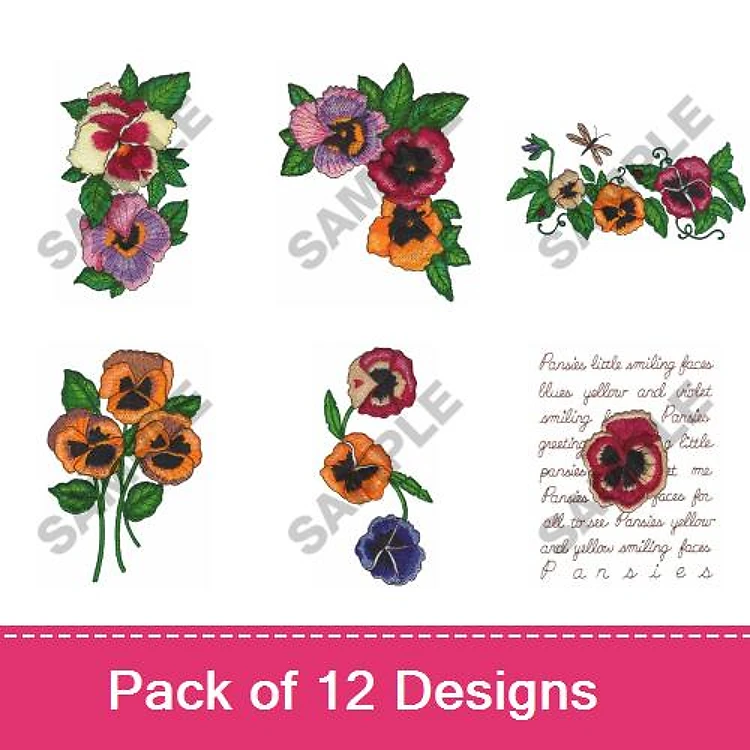 Pansy Floral Embroidery Designs Bundle – Pansy Bouquet, Cluster of Pansies, Pansy with Quote & More (12 Designs)