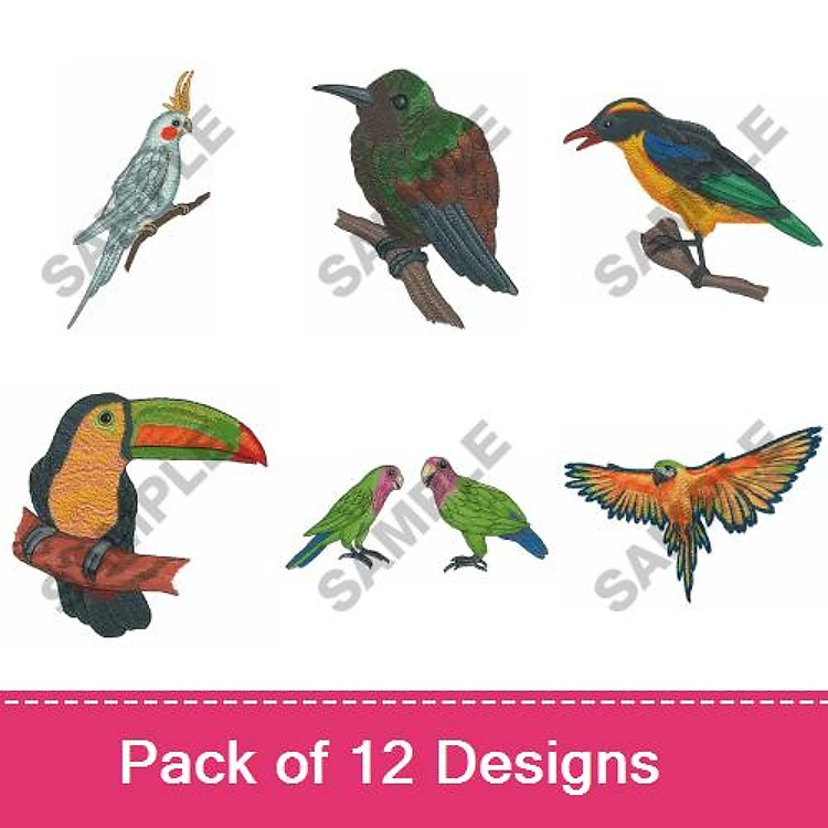 Various Birds Embroidery Bundle – Cockatiel, Hummingbird, Kingfisher, Toucan & More (12 Designs)