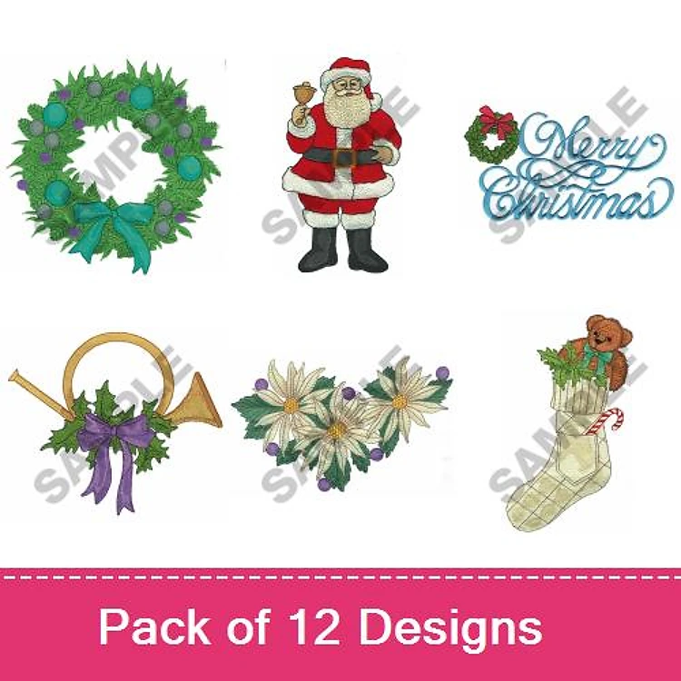 Christmas Holiday Embroidery Designs Bundle – Santa Claus, Christmas Wreath, Merry Christmas Text & More (12 Designs)