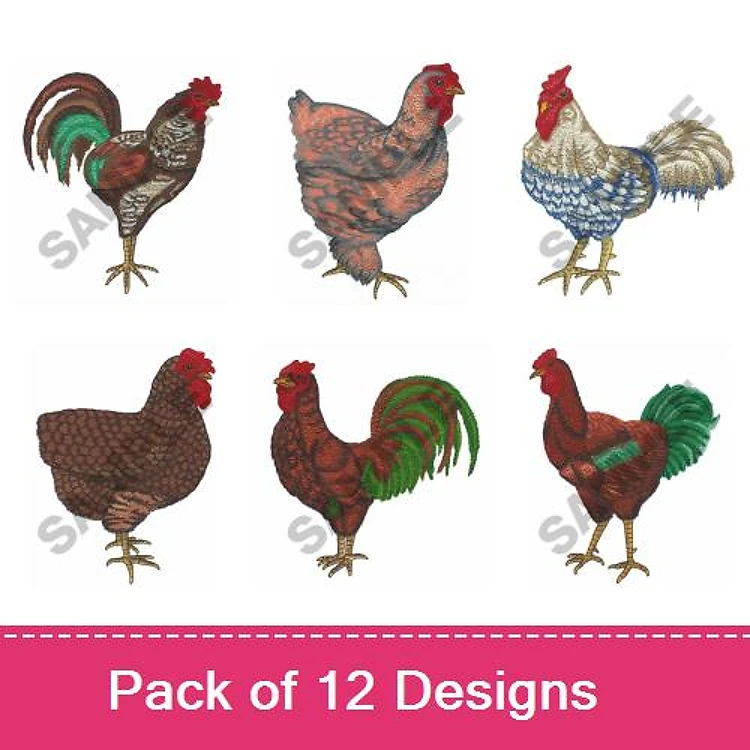 Farm Animal Embroidery Bundle – Rooster with Green Tail, Speckled Hen, Striped Rooster & More (12 Designs)