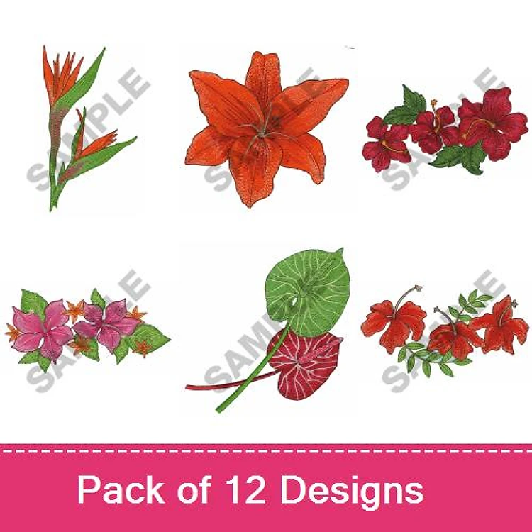 Floral Embroidery Designs Bundle – Bird of Paradise, Orange Lily, Red Hibiscus & More (12 Designs)