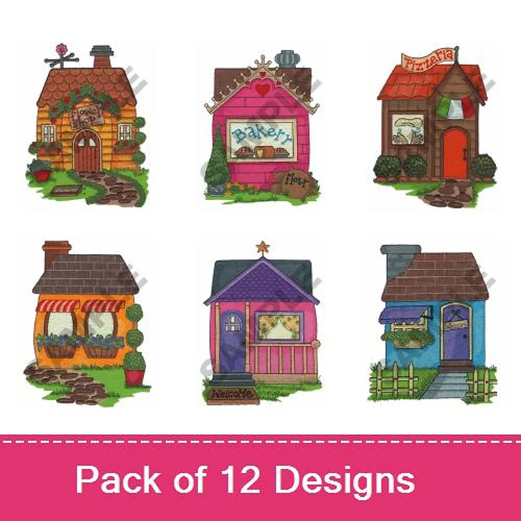 Colorful Houses Embroidery Designs Bundle – Colorful Cottage, Bakery Shop, Red House & More (12 Designs)