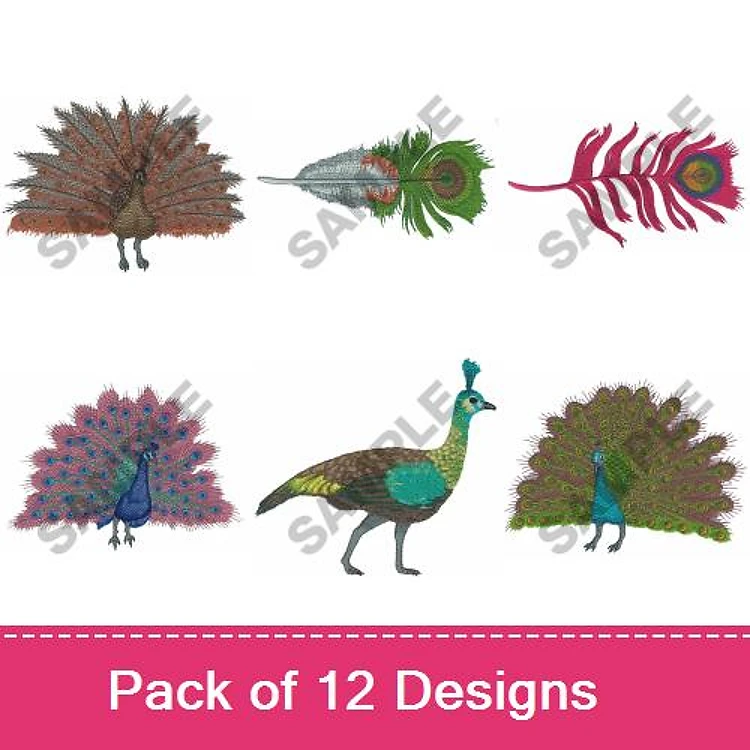 Peacock & Feather Embroidery Designs Bundle – Open Feathers, Multicolor Tail, Feather with Patterns & More (12 Designs)