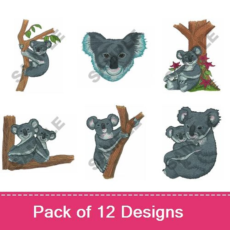 Koala Bear Embroidery Designs Bundle – Koala Bear on Branch, Koala Bear with Baby, Koala Bear Face & More (12 Designs)