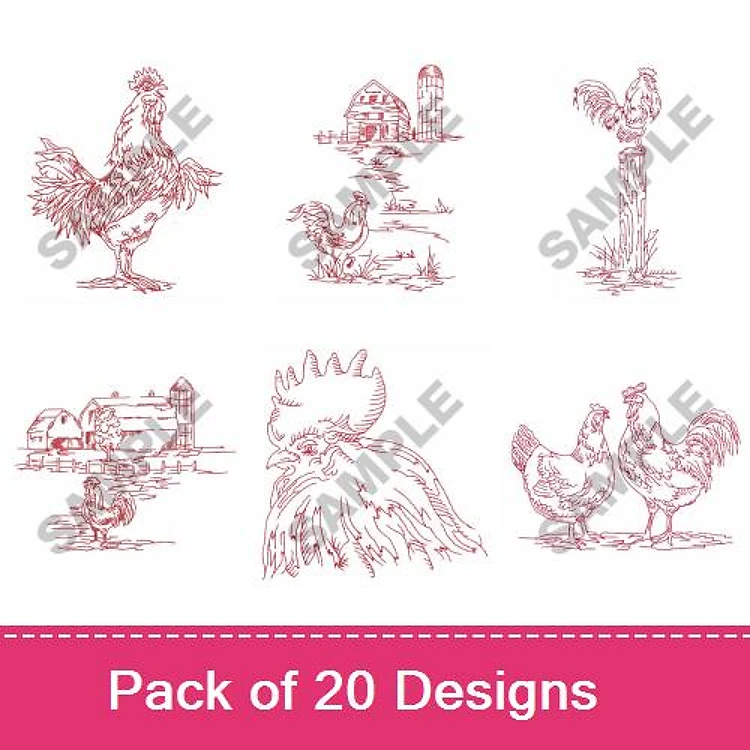 Redwork Farm Animal Embroidery Designs Bundle – Rooster, Hen, Barn & More (20 Designs)